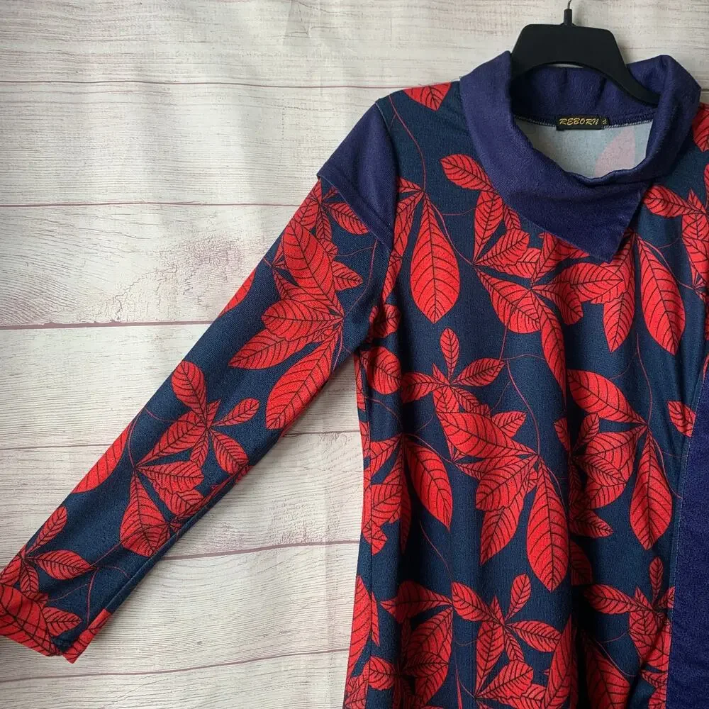 Reborn Navy Blue with Red Leaf Pattern Dress Folded Cowl Neck Fall Leaves XL
